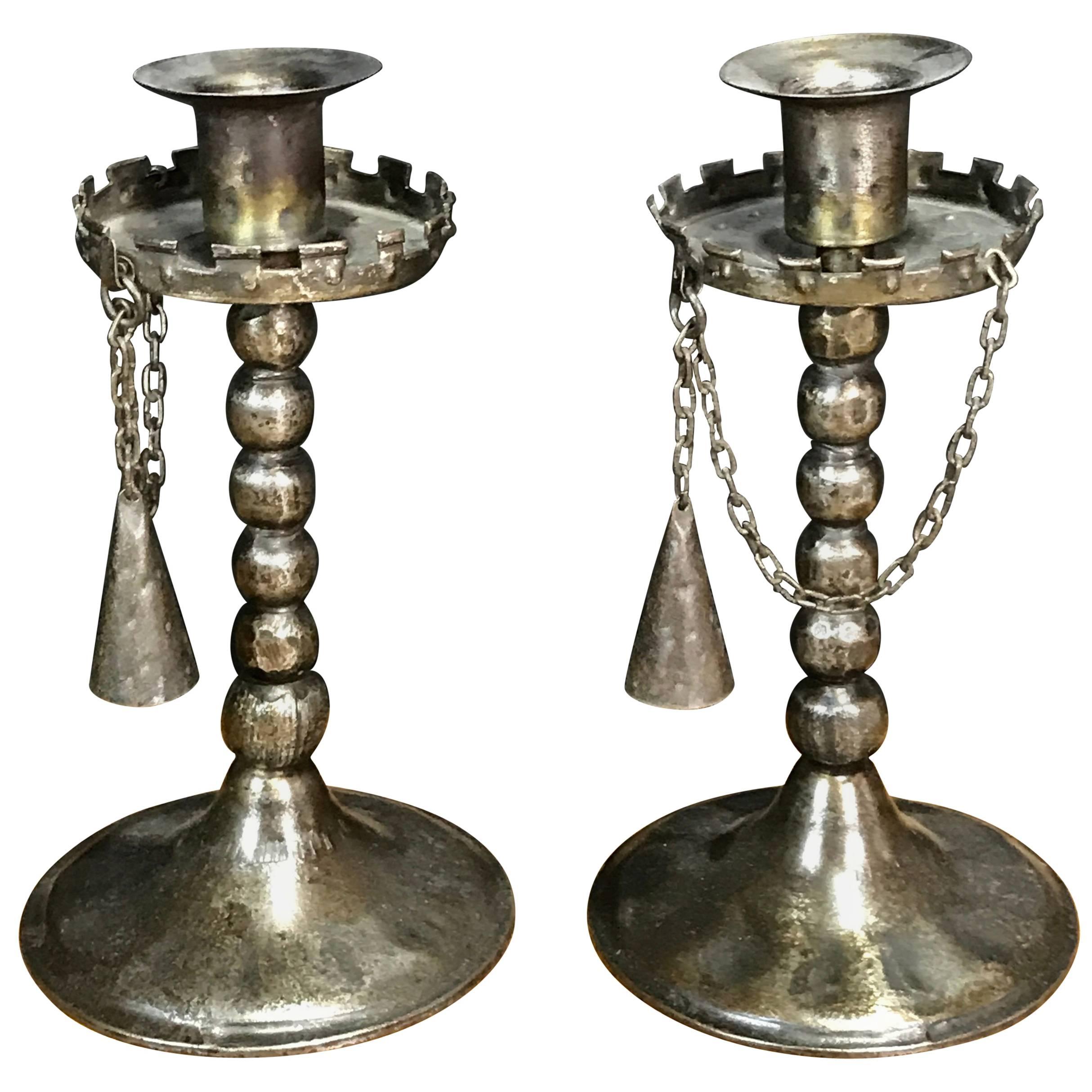 Pair of Gothic Iron Candlesticks with Snuffers