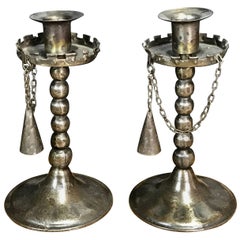 Antique Pair of Gothic Iron Candlesticks with Snuffers