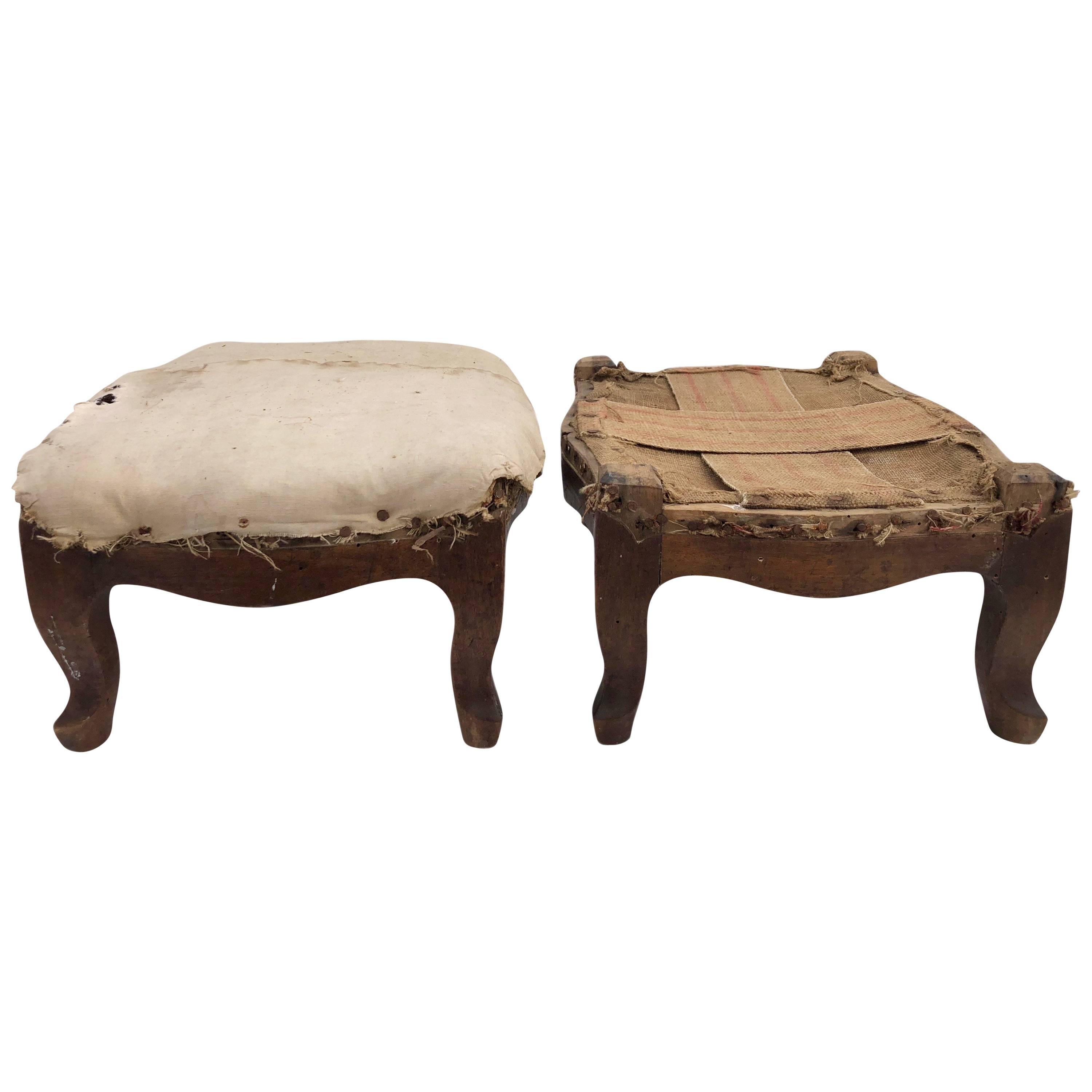 Pair of Wooden French Régence Footstools Stuffed with Straw, Early 1800s For Sale