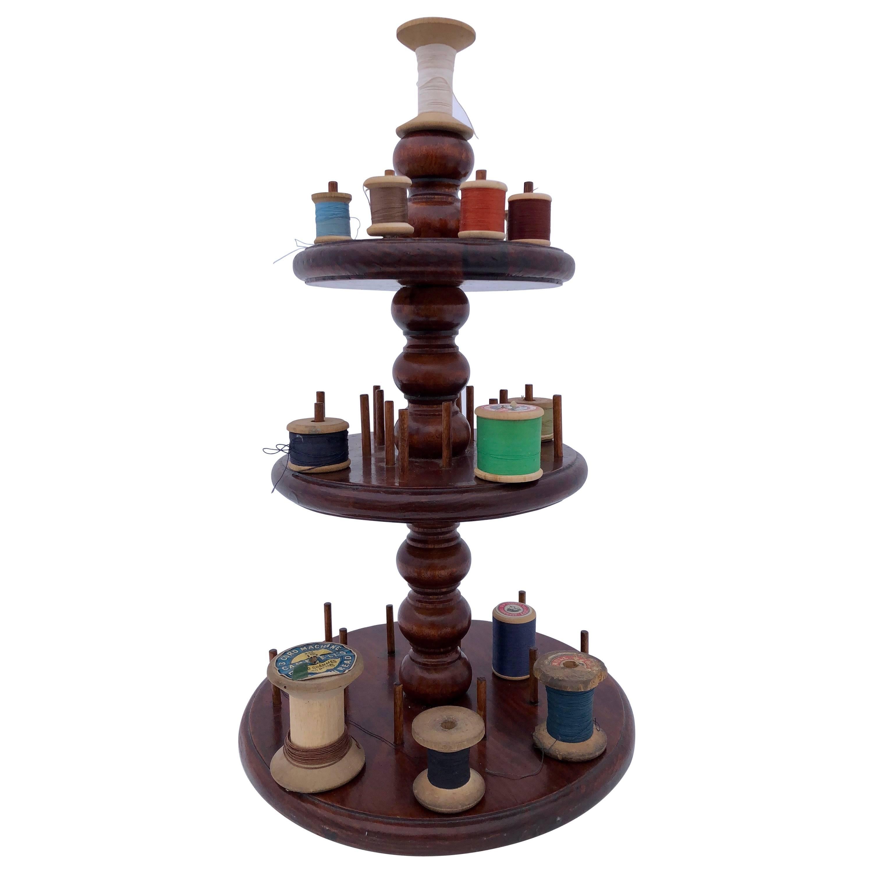 Three-Tiered Wooden Circular Thread Spool Caddy with Curved Detail Early 1900s For Sale