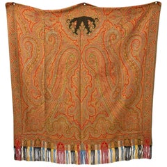 Vintage Hand Woven Paisley Kashmir Shawl with Long Fringe, Napoleon III