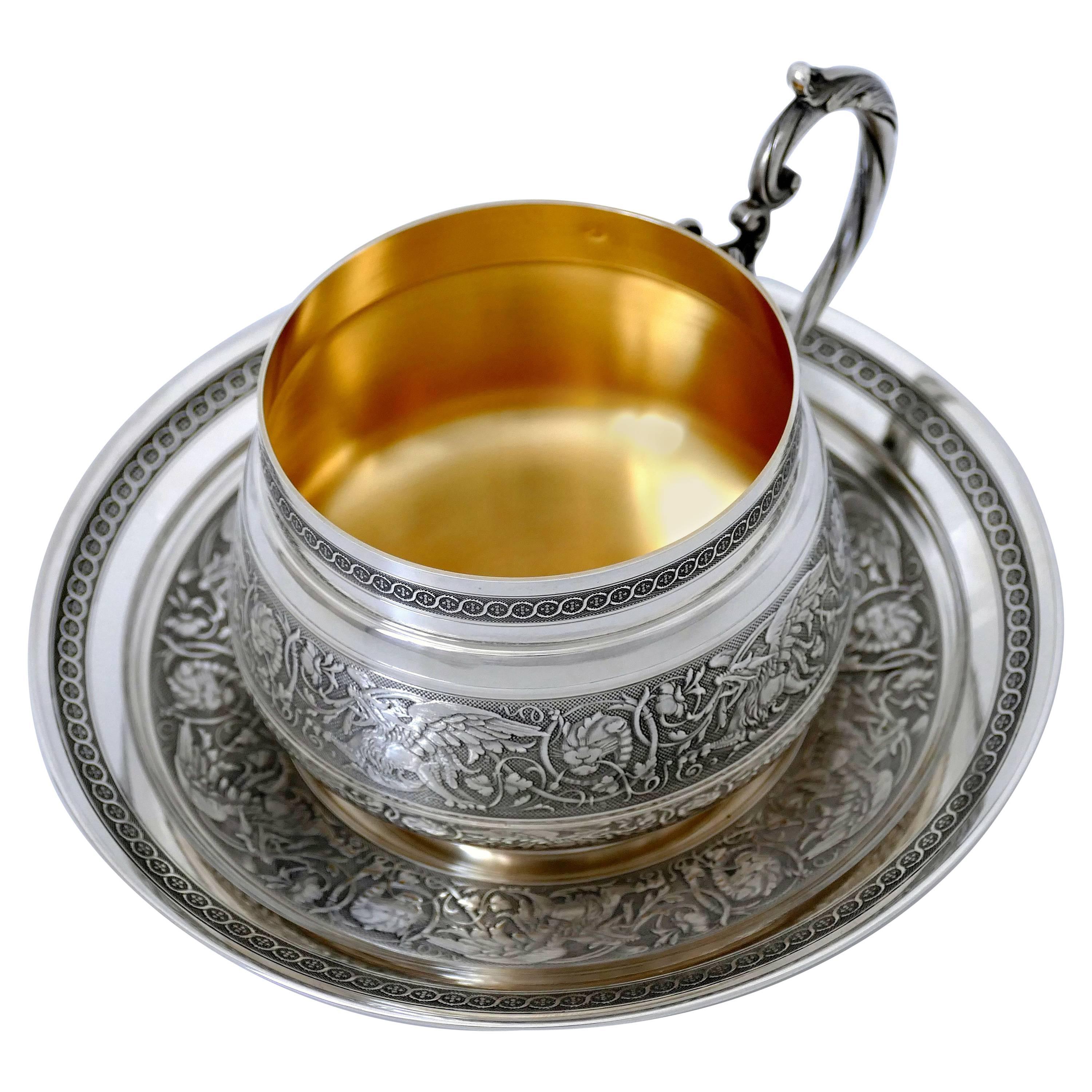 Imposing French Sterling Silver 18-Karat Gold Chocolate Tea Cup & Saucer, Dragon