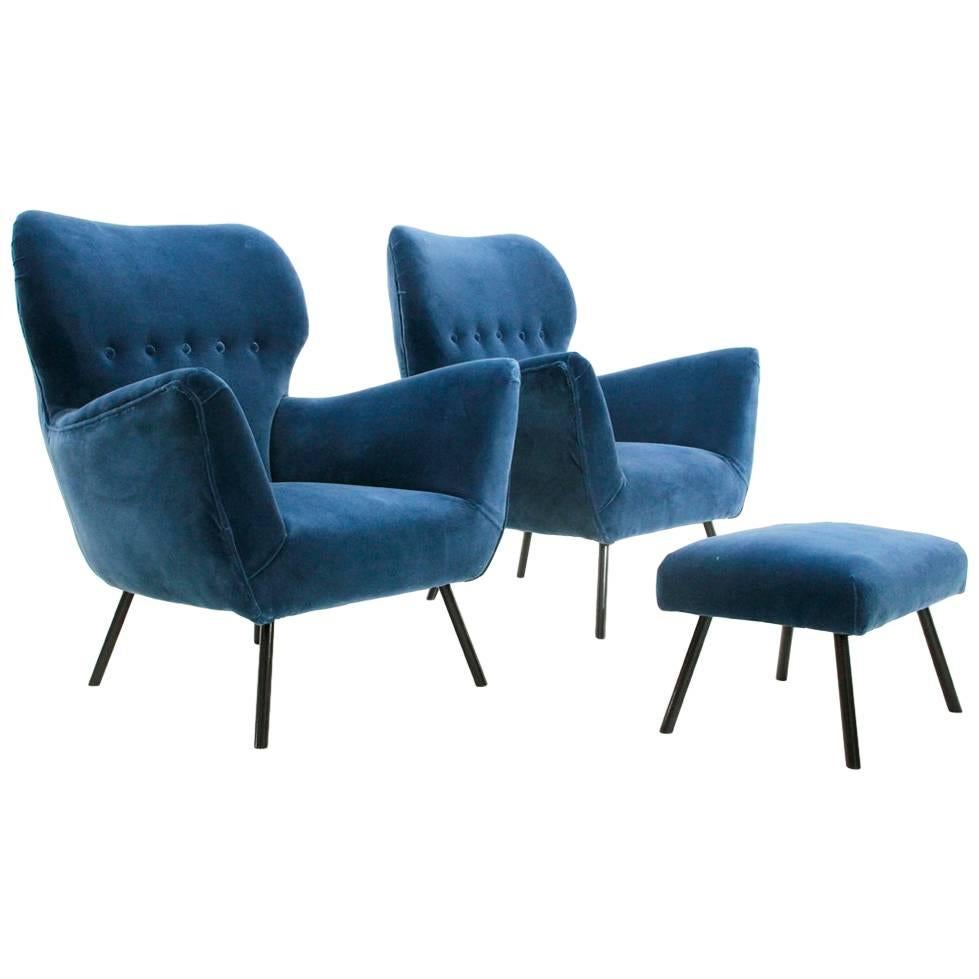 Italian Midcentury Blue Velvet Armchairs with Ottoman, 1950s