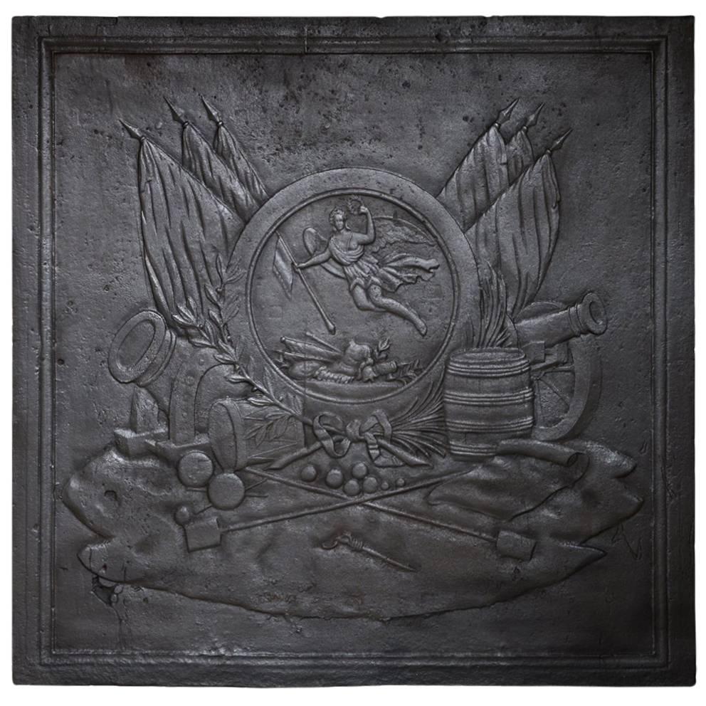 Cast Iron Fireback Decorated with a Warrior Trophy, 18th Century For Sale
