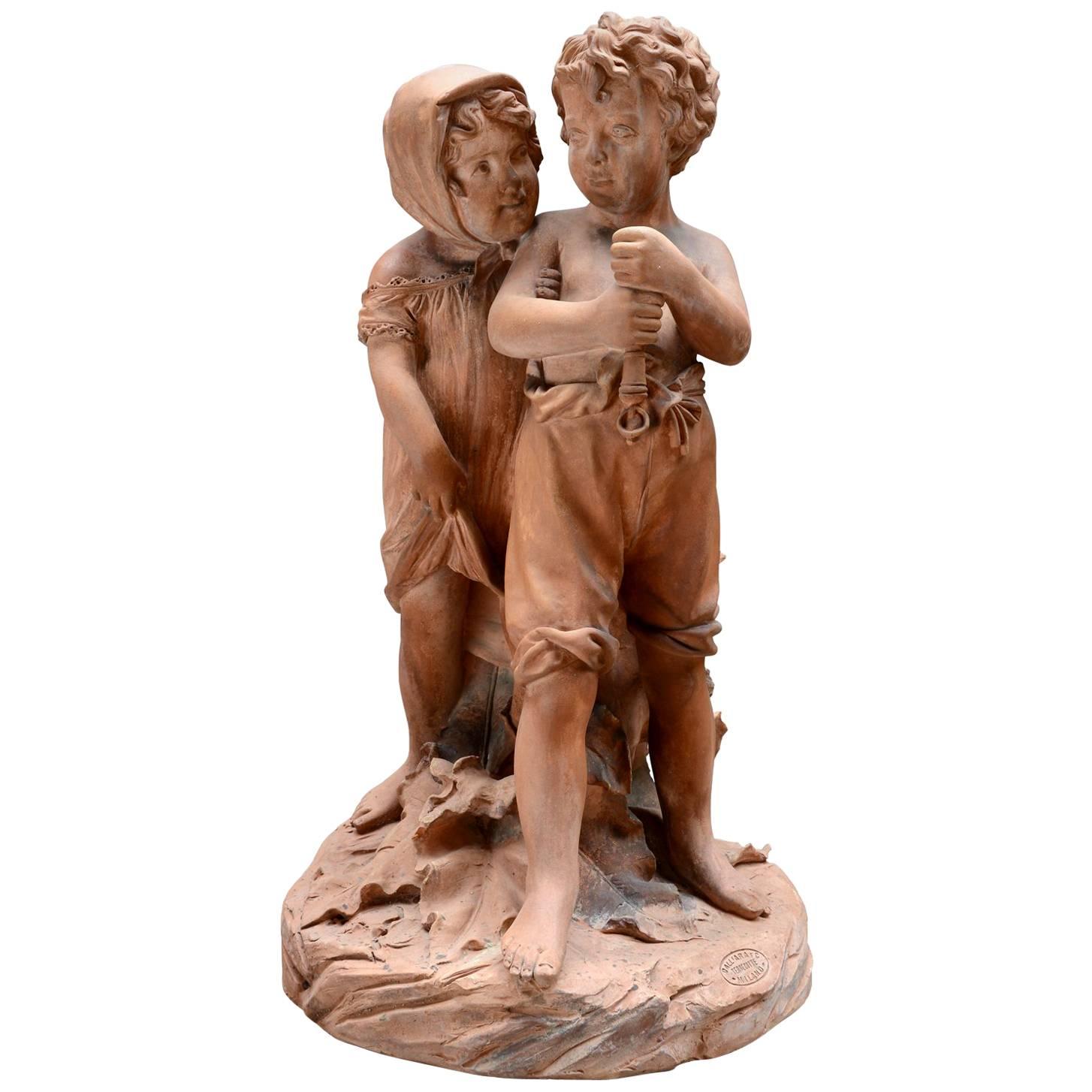 Terracotta Statue Depicting Two Children, 19th Century