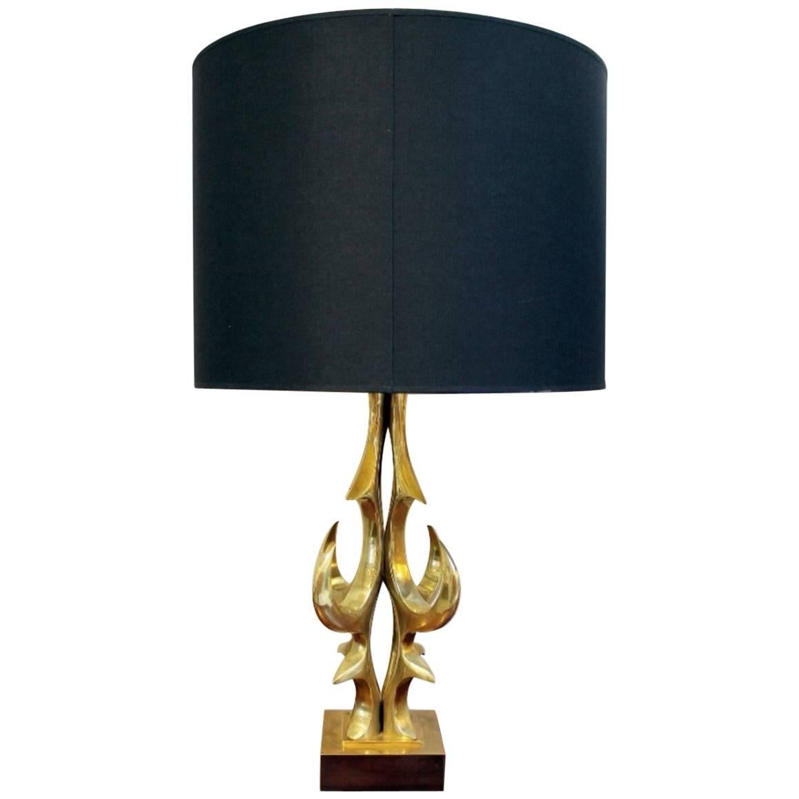 Table Lamp in Gilt Brass by Willy Daro, Black/Gold Lampshade, 1970s