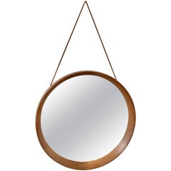 Midcentury Circular Teak Mirror with Leather Strap by Pedersen Hansen