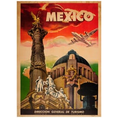Original Vintage Art Deco Style Mexico Travel Poster Ft. Mexico City Monuments