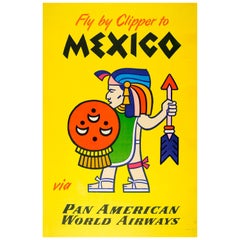 Original Vintage Pan Am Travel Poster Fly By Clipper To Mexico Via Pan American