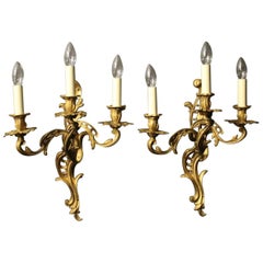 French Pair of Gilded Triple Light Antique Wall Lights