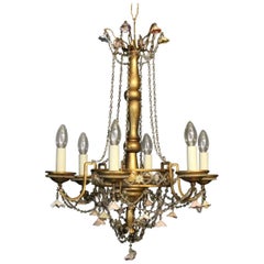 Italian Six-Light Giltwood, Porcelain and Crystal Antique Chandelier