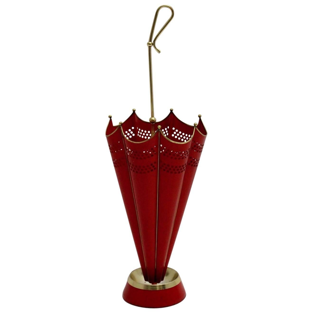 Red and Brass Mid-Century Modern Umbrella Stand, 1950s, Italy