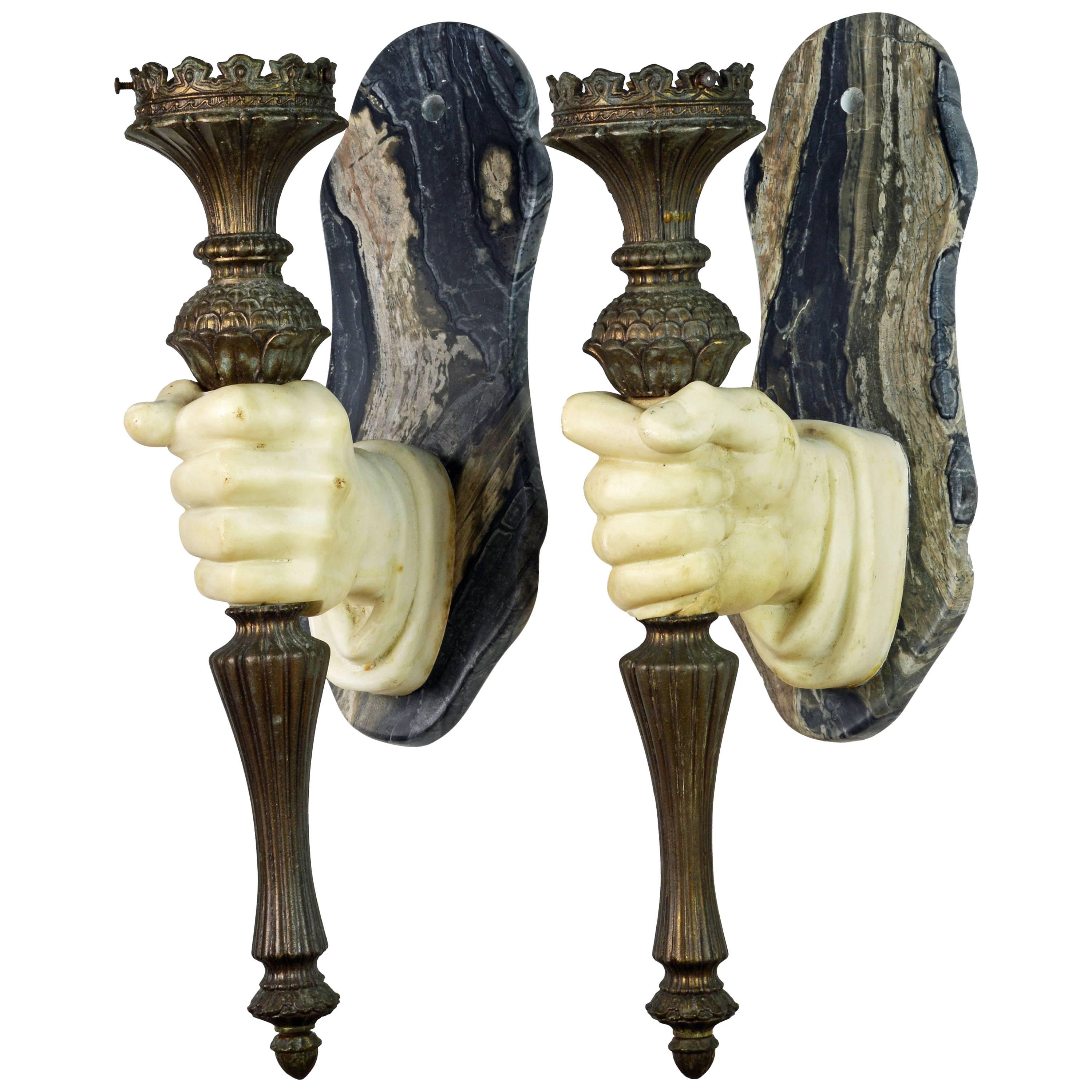 Pair of Rare 19th Ct. French Marble Hand and patinated metal Torch Wall Sconces