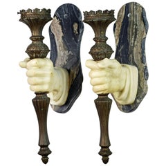 Antique Pair of Rare 19th Ct. French Marble Hand and patinated metal Torch Wall Sconces