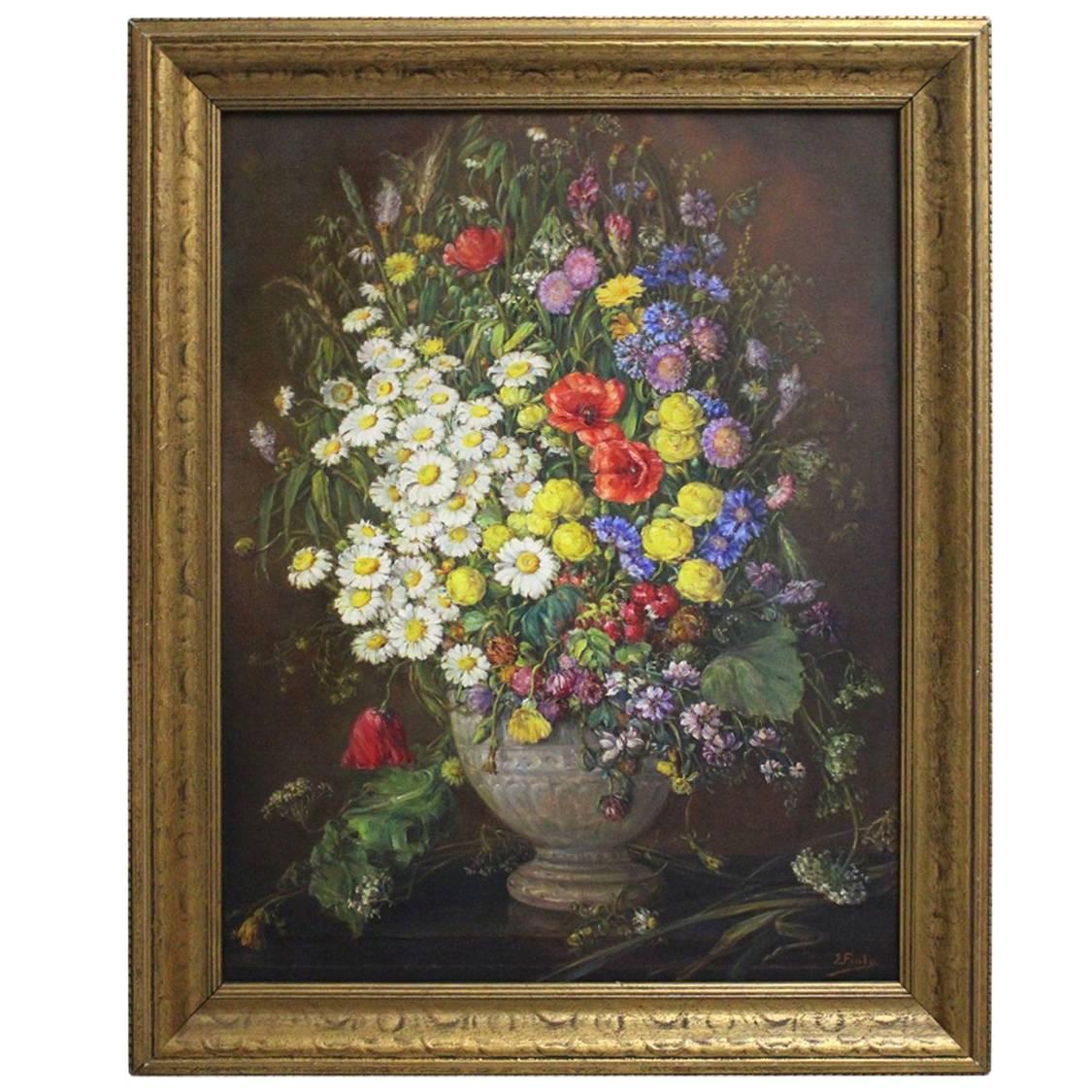 Art Deco Era Oil on Canvas Painting Wildflowers by Emil Fiala Vienna, 1930s