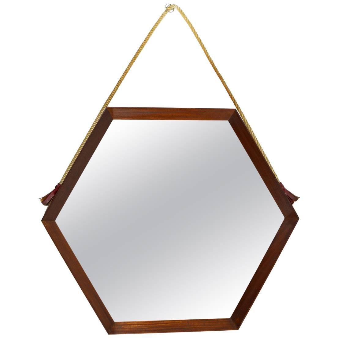 Italian Midcentury Teak Wood Hexagonal Mirror For Sale