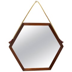 Italian Midcentury Teak Wood Hexagonal Mirror
