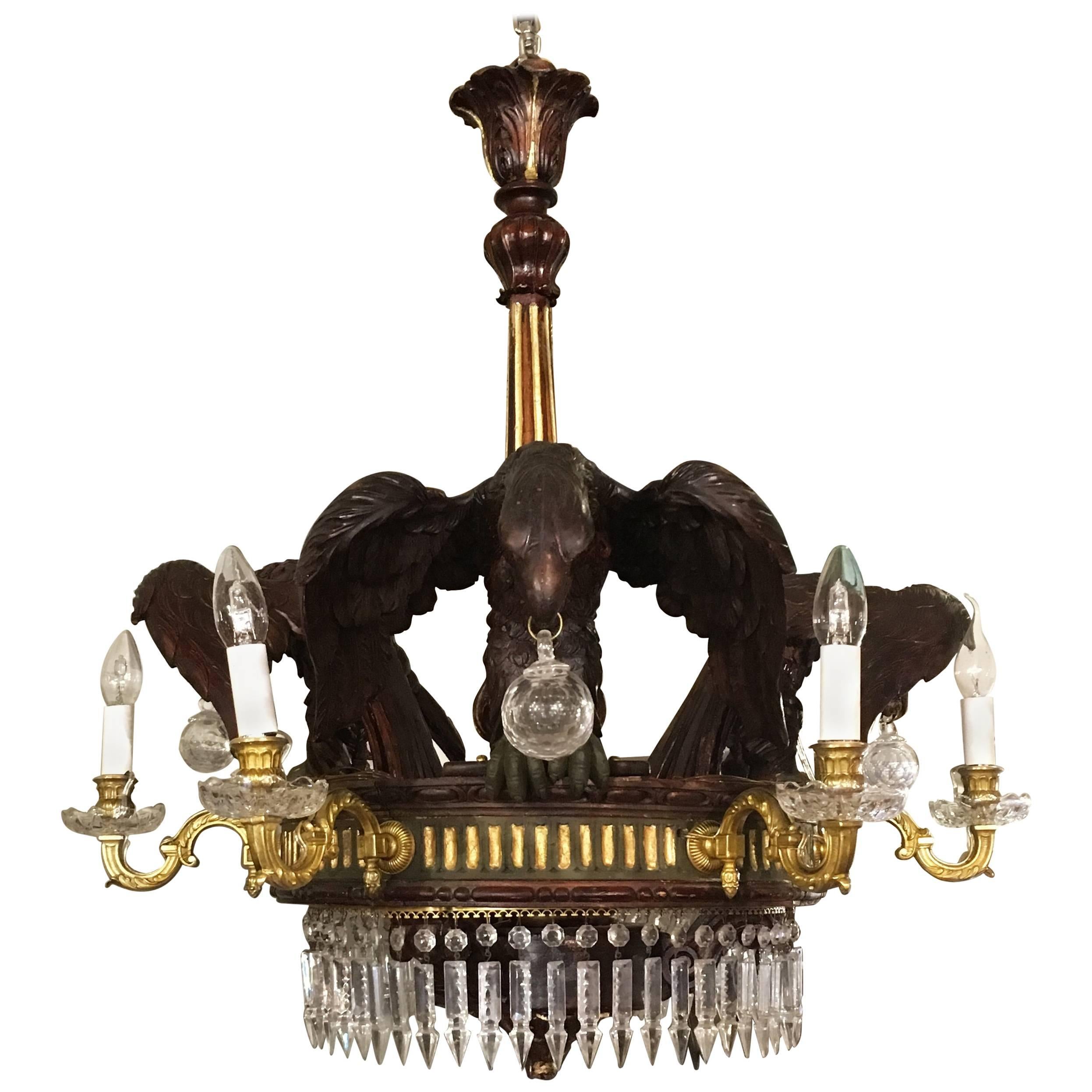 English 19th Century Napoleon III Six-Light Wooden Chandelier with Eagles