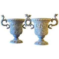 Antique Pair of Magnificent English Late Georgian Serpent Handled Lead Urns or Planters