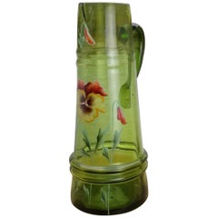 19th Century Wine Juice Jug Handblown Green Glass Beautiful Hand-Painted Flowers