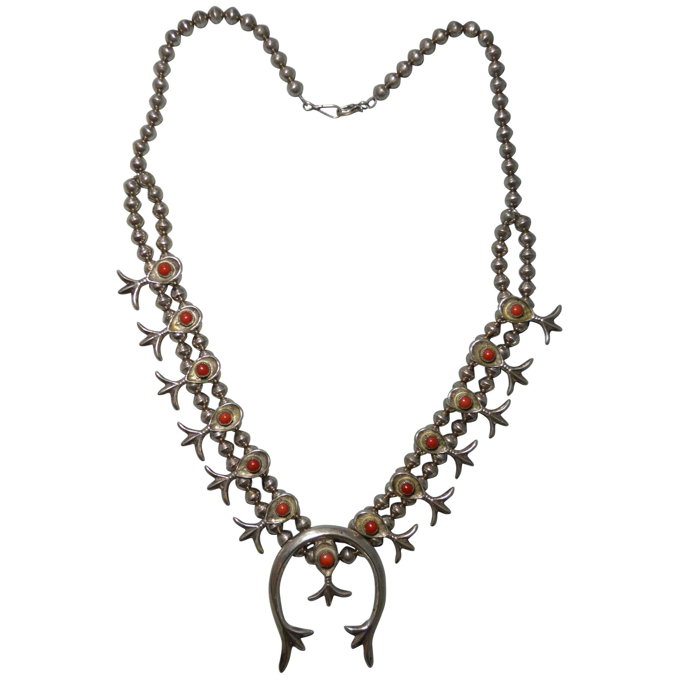 Native American Indian Fine Vintage Navajo Squash Blossom Necklace