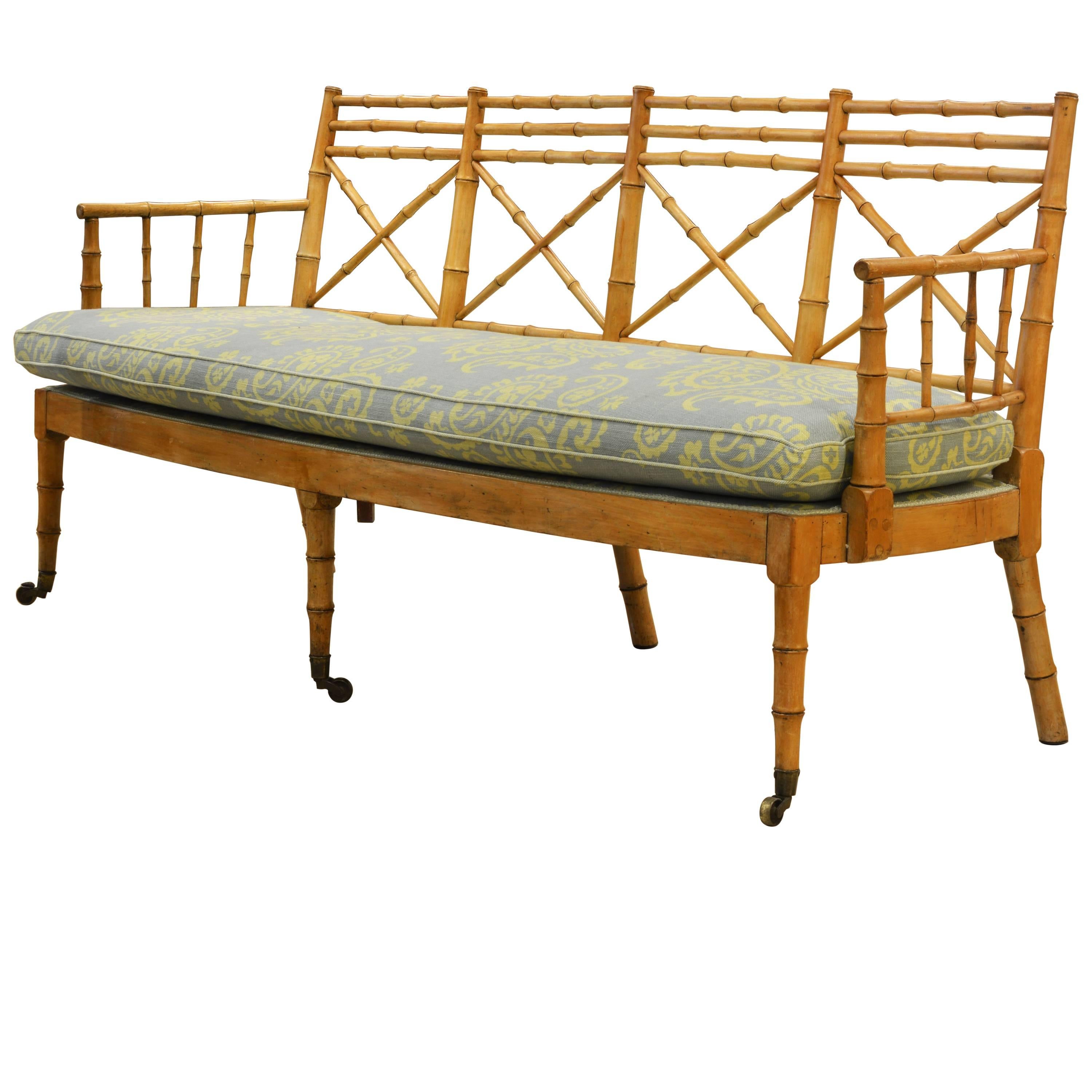 Fine English Regency Period Faux Bamboo Settee or Bench with Upholstered Seat