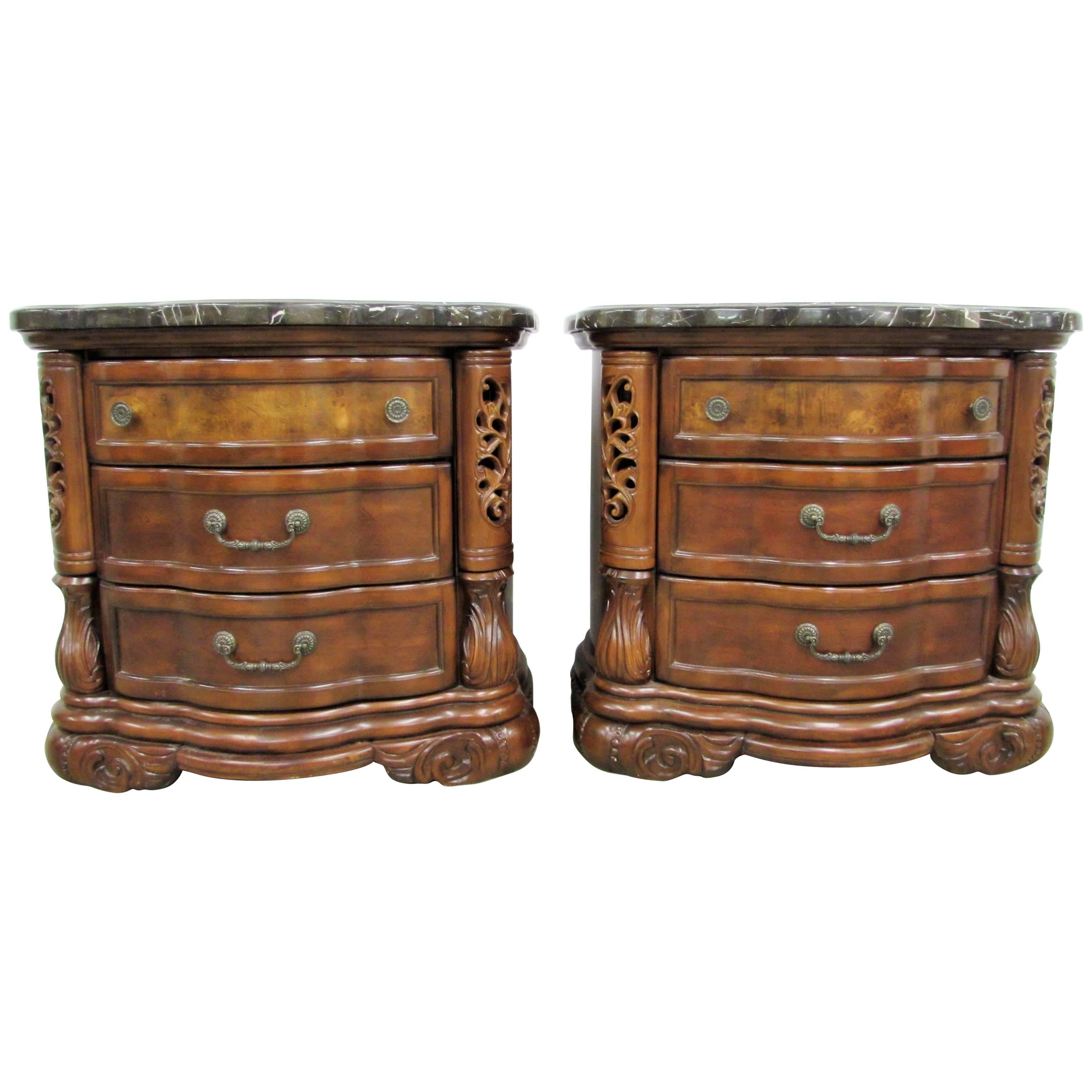 Pair of Michael Amini Bedside Chests with Tessellated Marble For Sale