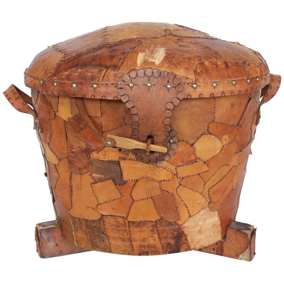 Large Midcentury Patchwork Leather Basket/Pouf For Sale