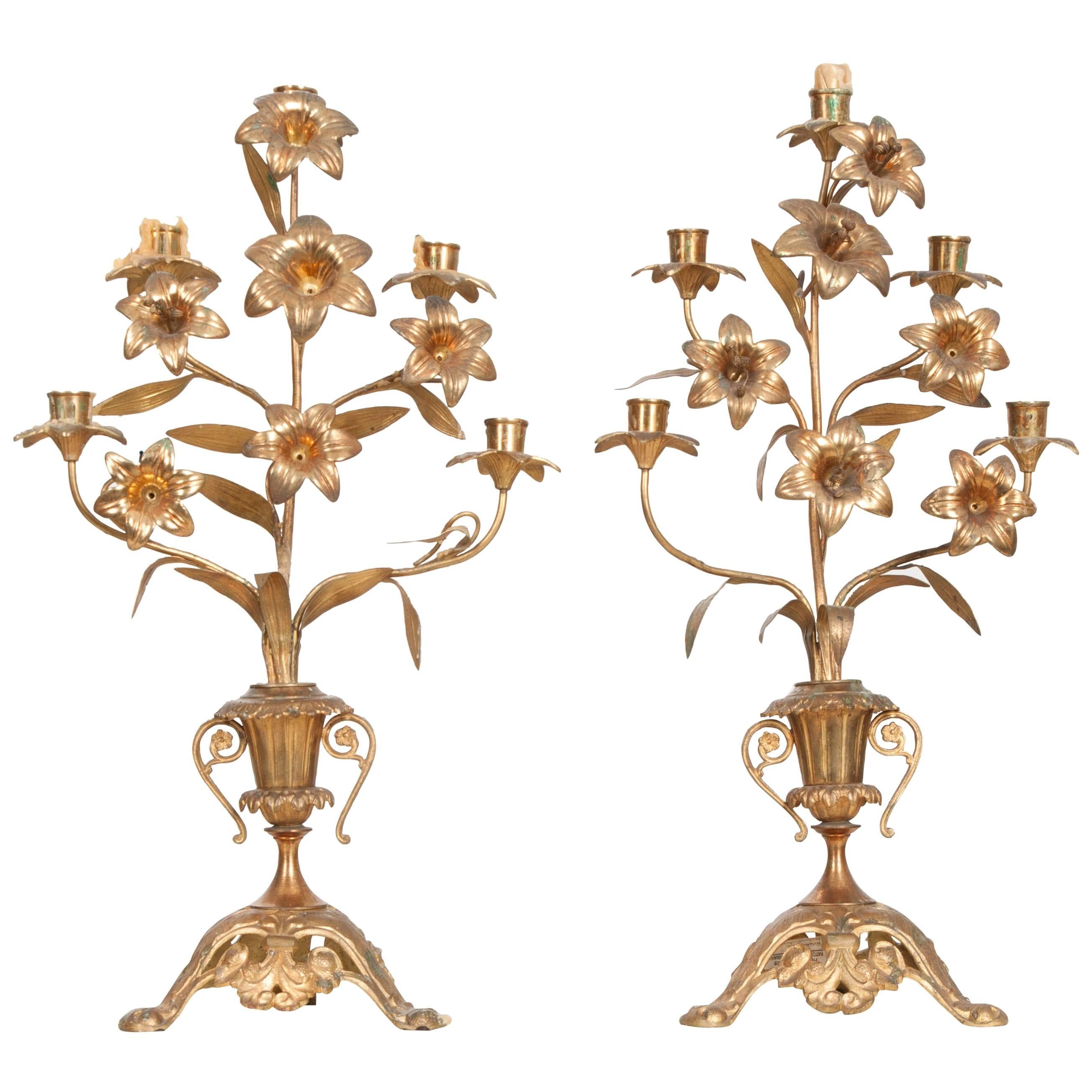 Pair of French 19th Century Brass Altar Candelabras