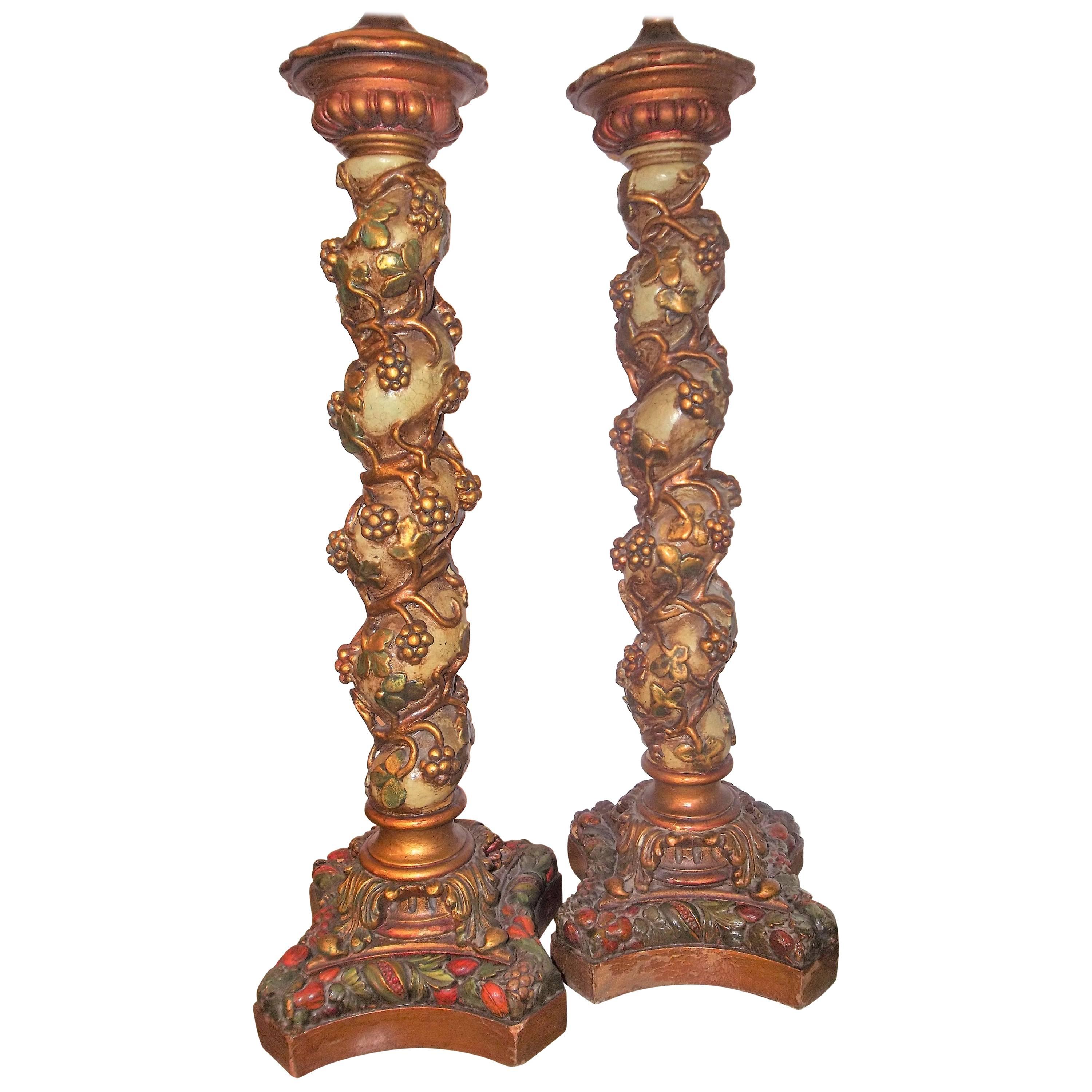 Pair of Carved Polychromed Italian Solomonic Columns Mounted as Lamps