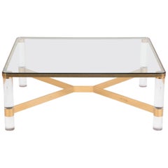 Karl Springer Lucite, Brass, and Glass Coffee Table