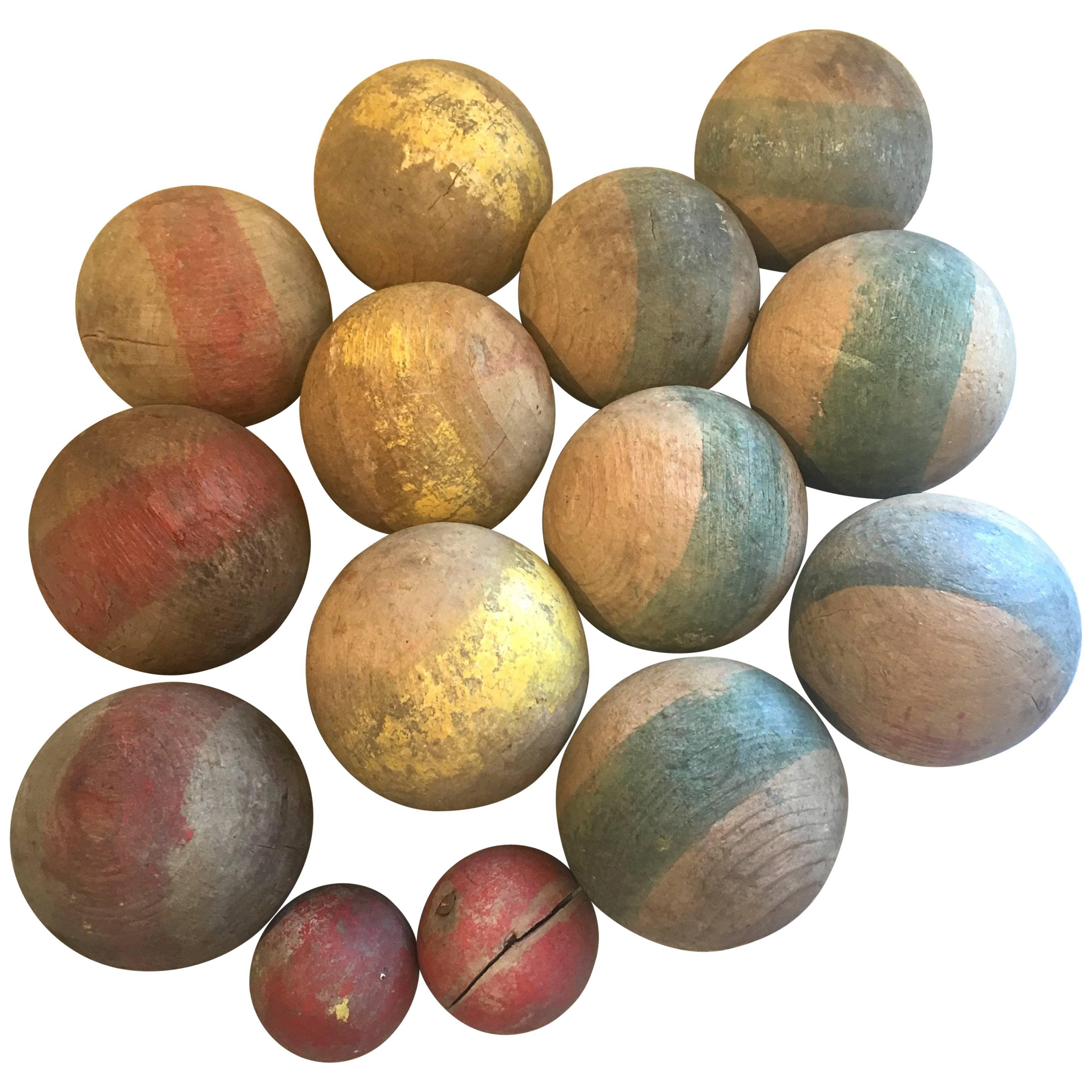 Set of 14 French Antique Hand-Carved Painted Wooden Boules