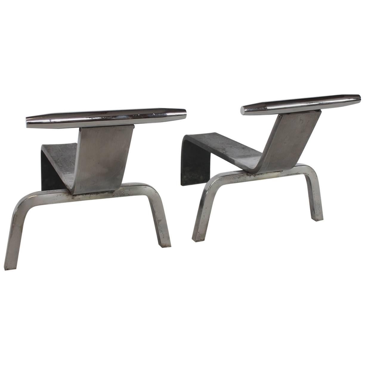 Stylish Midcentury French Brushed Steel and Chrome Andirons For Sale