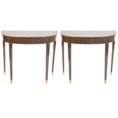 Pair of Art Deco Macassar Ebony Demilune Tables with Maple Tipped Feet