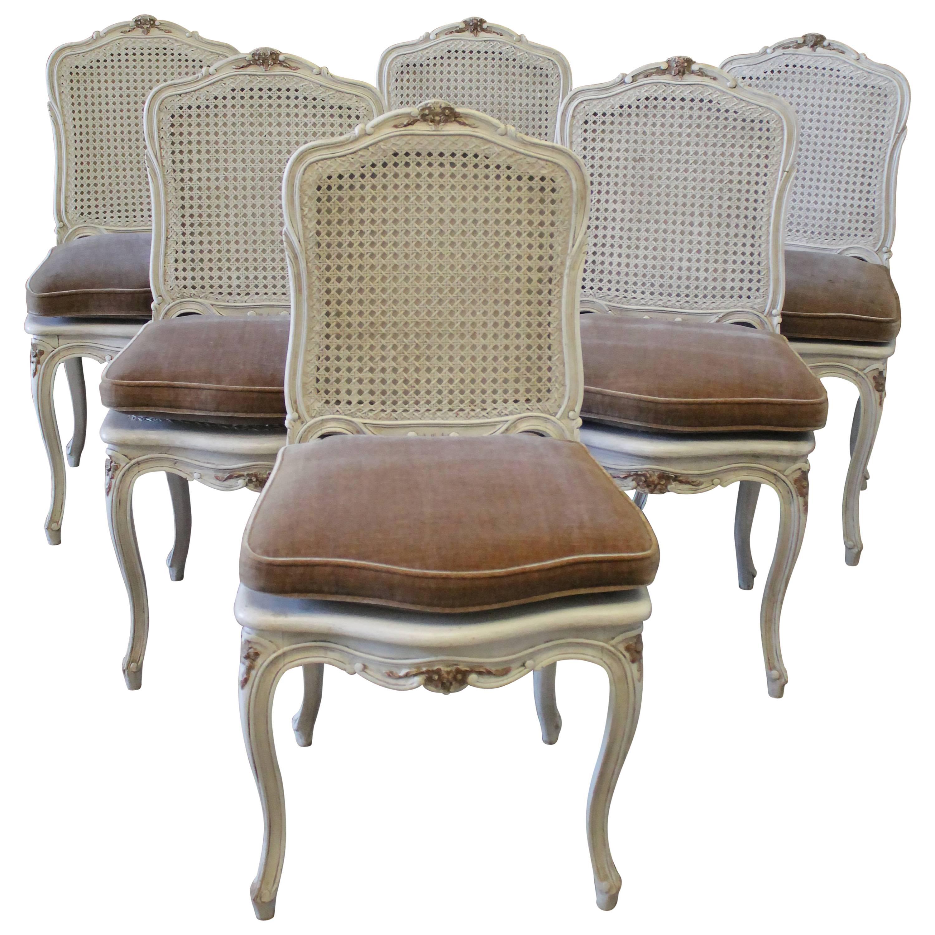 Six Early 20th Century Painted French Louis XV Style Cane Back Dining Chairs
