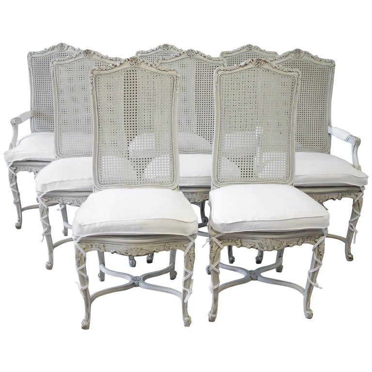 20th Century Painted Louis XV Style Cane Back Dining Chairs with Linen