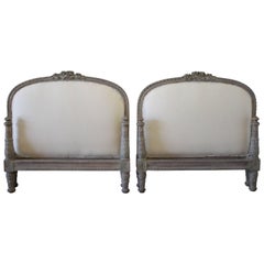 Antique 19th Century Pair of Twin Size Upholstered French Louis XVI Style Painted Beds