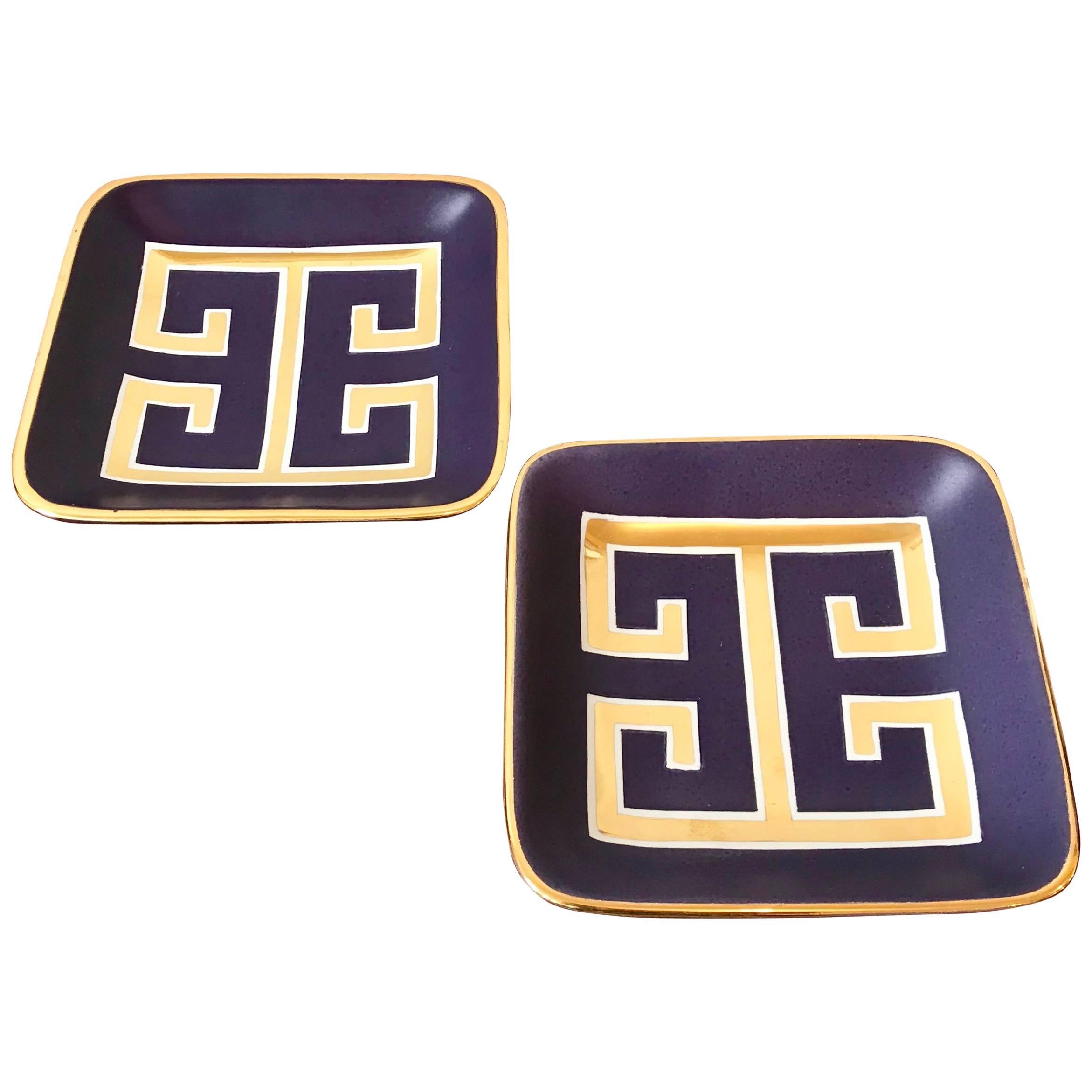 Pair of Waylande Gregory Small Square Purple Ceramic Trays with Gold Key Pattern For Sale