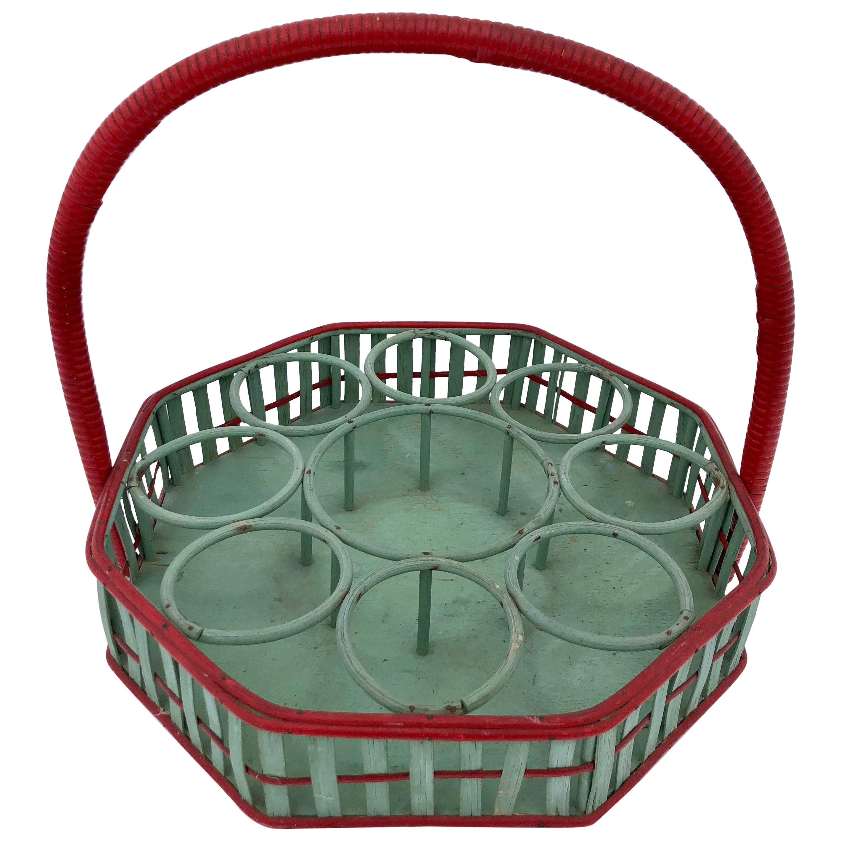 Mid-1900s Octagonal Wicker Carrying Basket Eight Glasses One Bottle, Green/Red For Sale