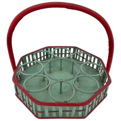 Mid-1900s Octagonal Wicker Carrying Basket Eight Glasses One Bottle, Green/Red