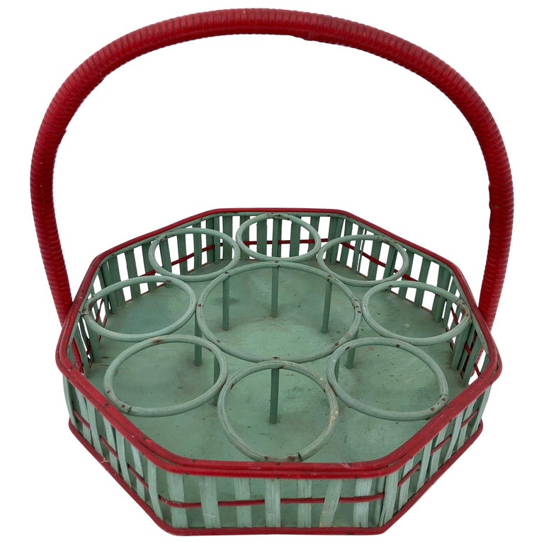 Mid1900s Octagonal Wicker Carrying Basket Eight Glasses One Bottle