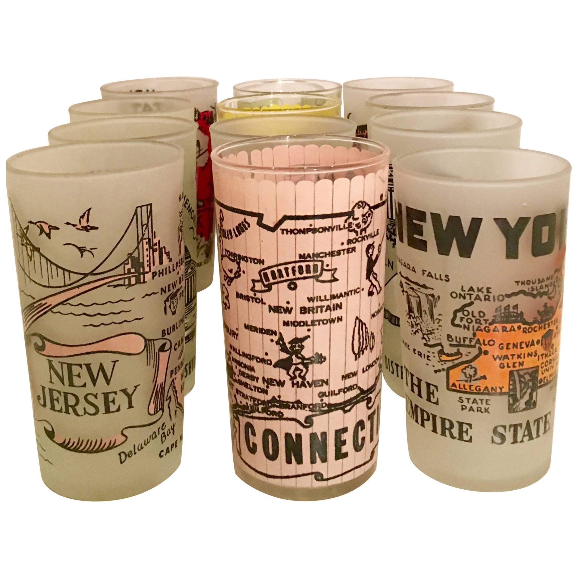 Vintage East Coast Souvenir State Printed and Frosted Drink Glasses, Set of 12