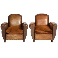 Pair of Vintage Brown Leather Club Chairs with Contrast Velvet Cushion