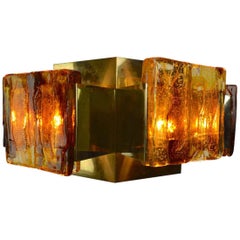 Six-Panel Brutalist Brass and Resin Chandelier