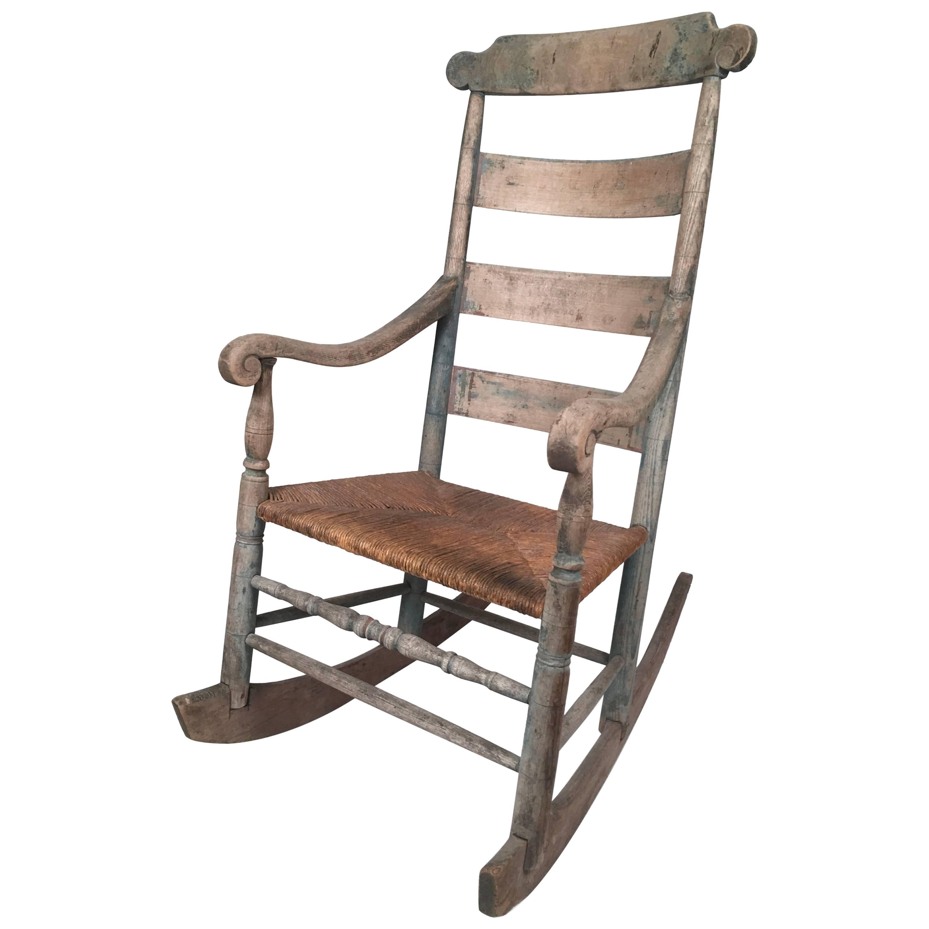 19th Century Country Rocking Chair with Old Blue Painted Surface
