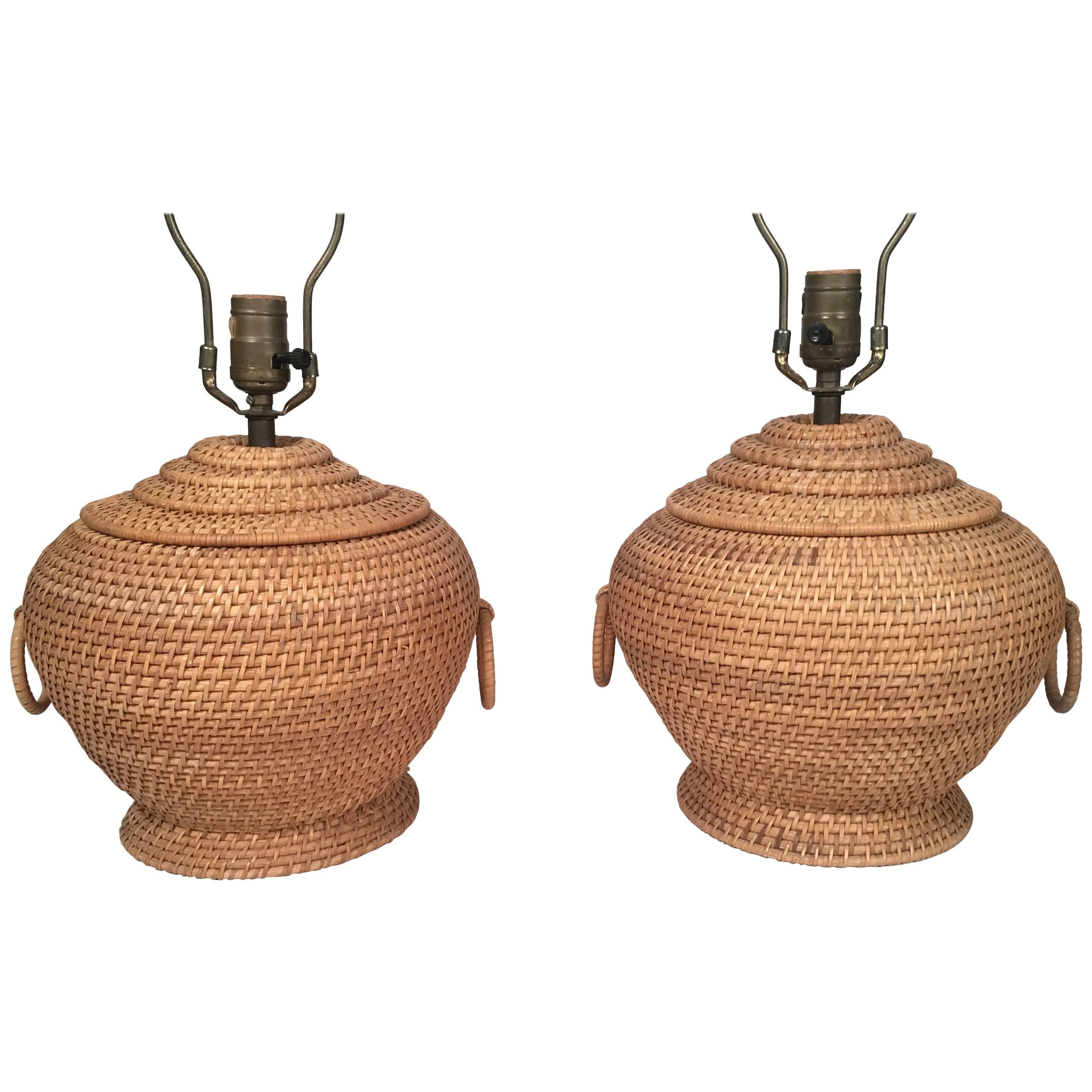 Pair of Rattan Ginger Jar Shaped Lamps