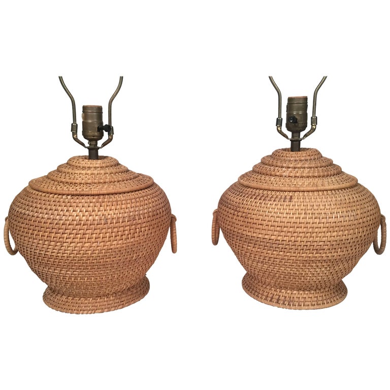 Pair of Rattan Ginger Jar Shaped Lamps at 1stDibs
