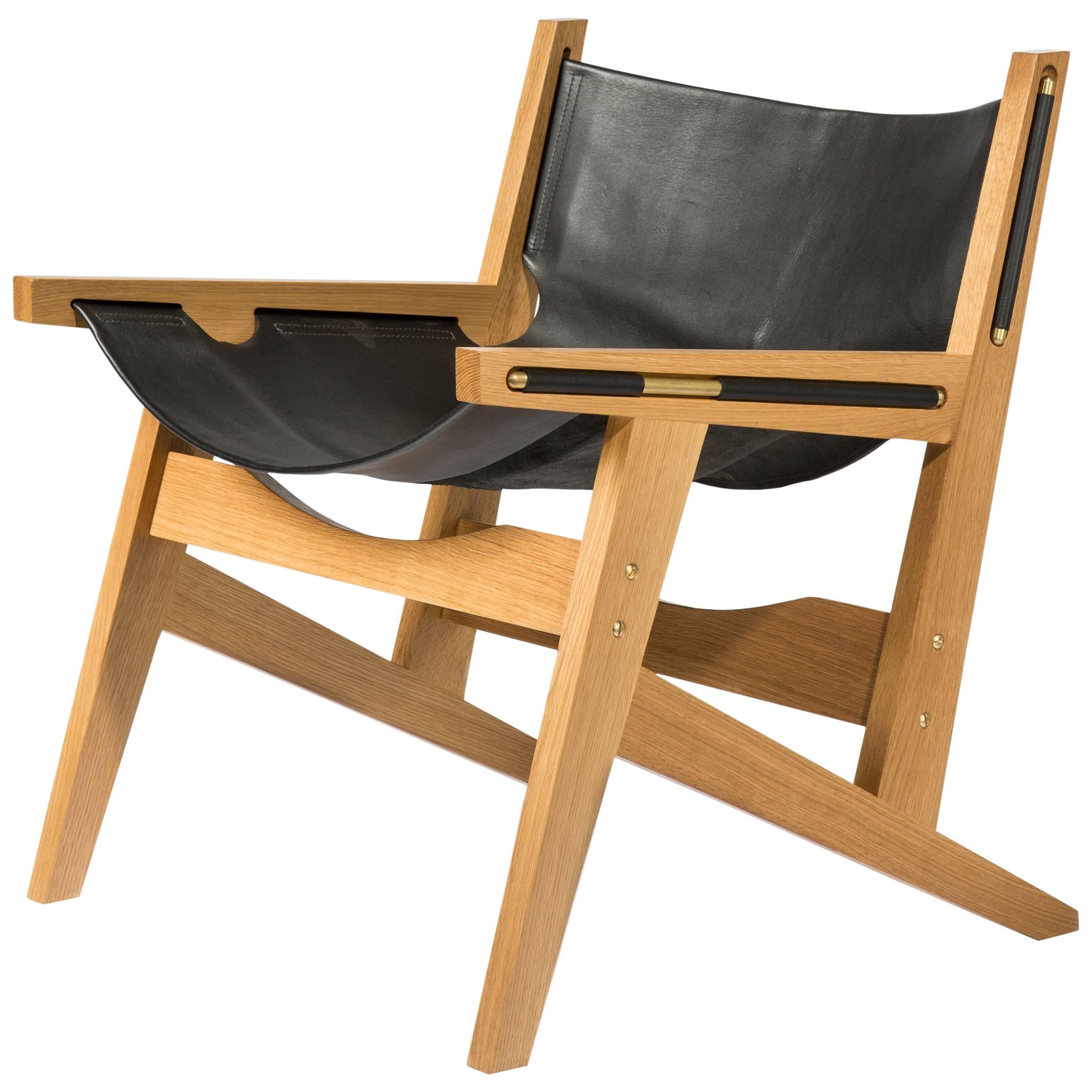 Peninsula Lounge Chair, White Oak and Leather Sling Chair with Brass Details
