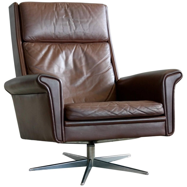 Danish High Back Swivel Lounge Chair in Chocolate Leather by