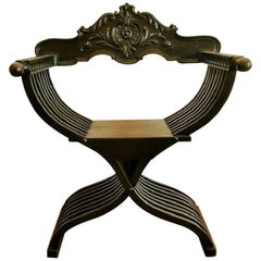 Antique Italian Renaissance Revival Hand-Carved Oak Savonarola Chair, Late 19th Century